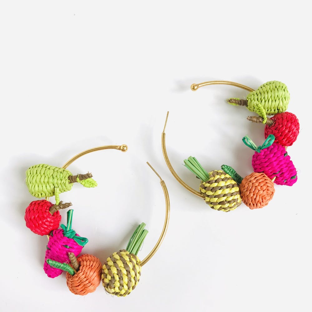 Iraca Woven Mini-Fruit Hoop Earrings